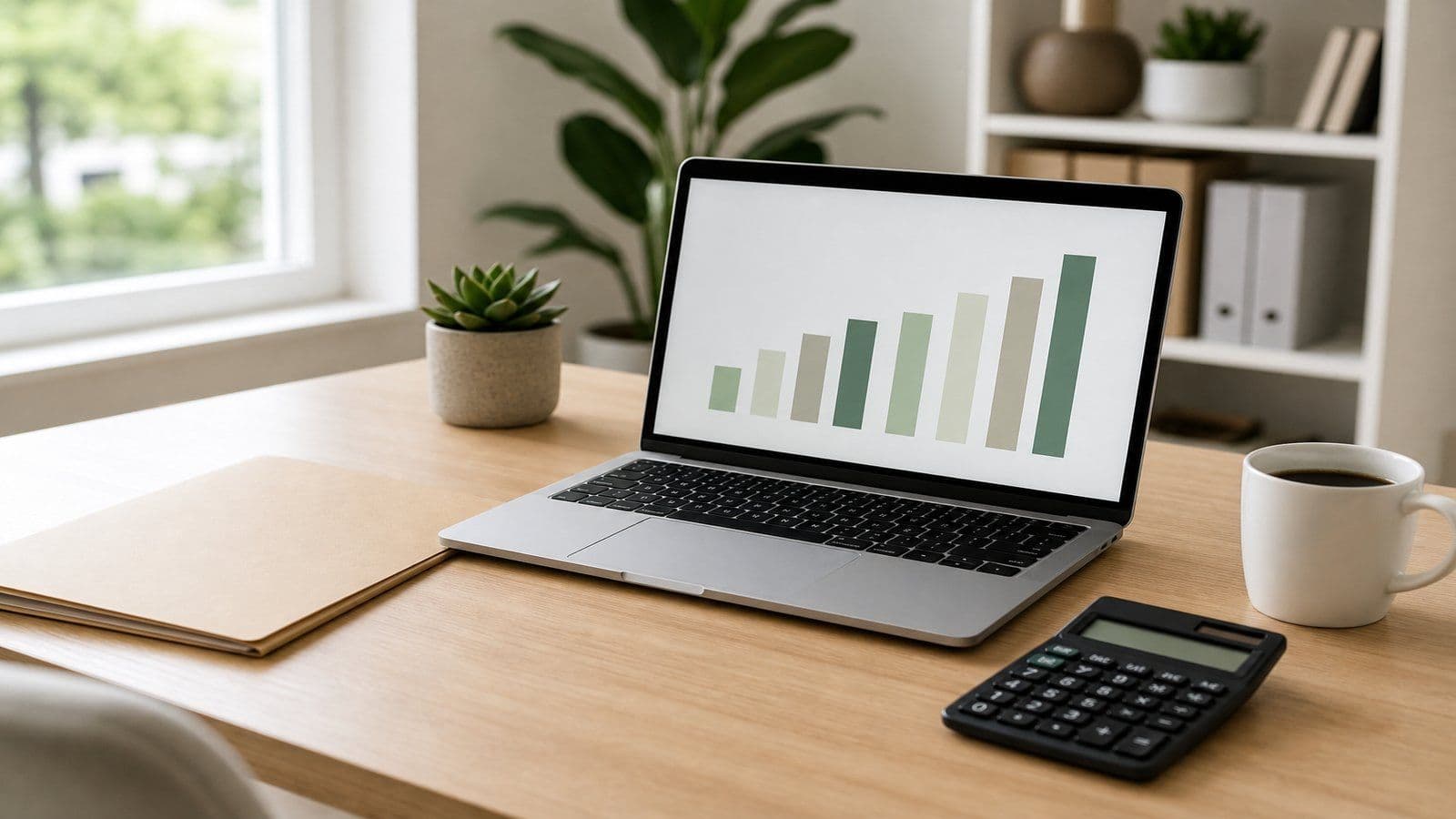 Tidy home-office desk with a laptop showing a simple chart, a calculator, a closed folder, a plant, and a coffee cup
