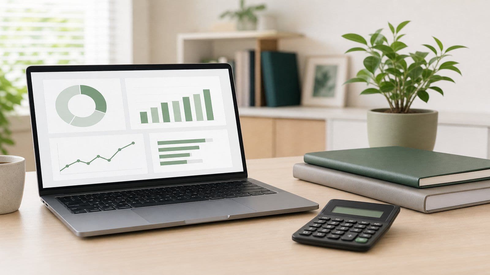 Organized office desk with a laptop dashboard, calculator, neatly stacked closed folders, and a plant