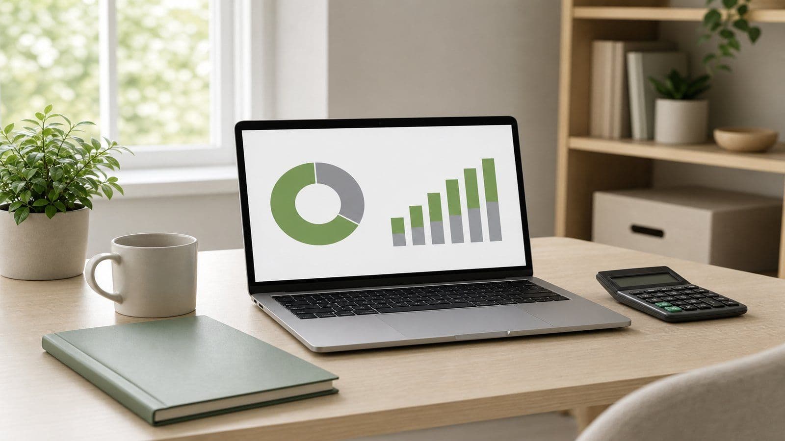 Clean desk workspace with a laptop showing a simple two-color chart, calculator, closed folder, and plant