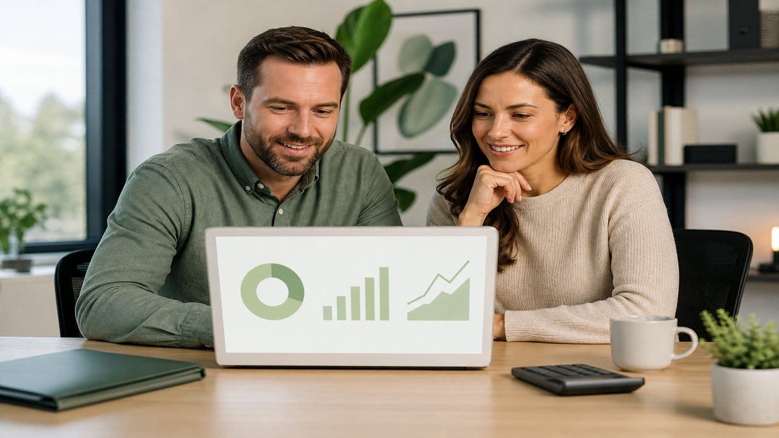Two professionals collaborating over a laptop showing a simple chart at a tidy office desk