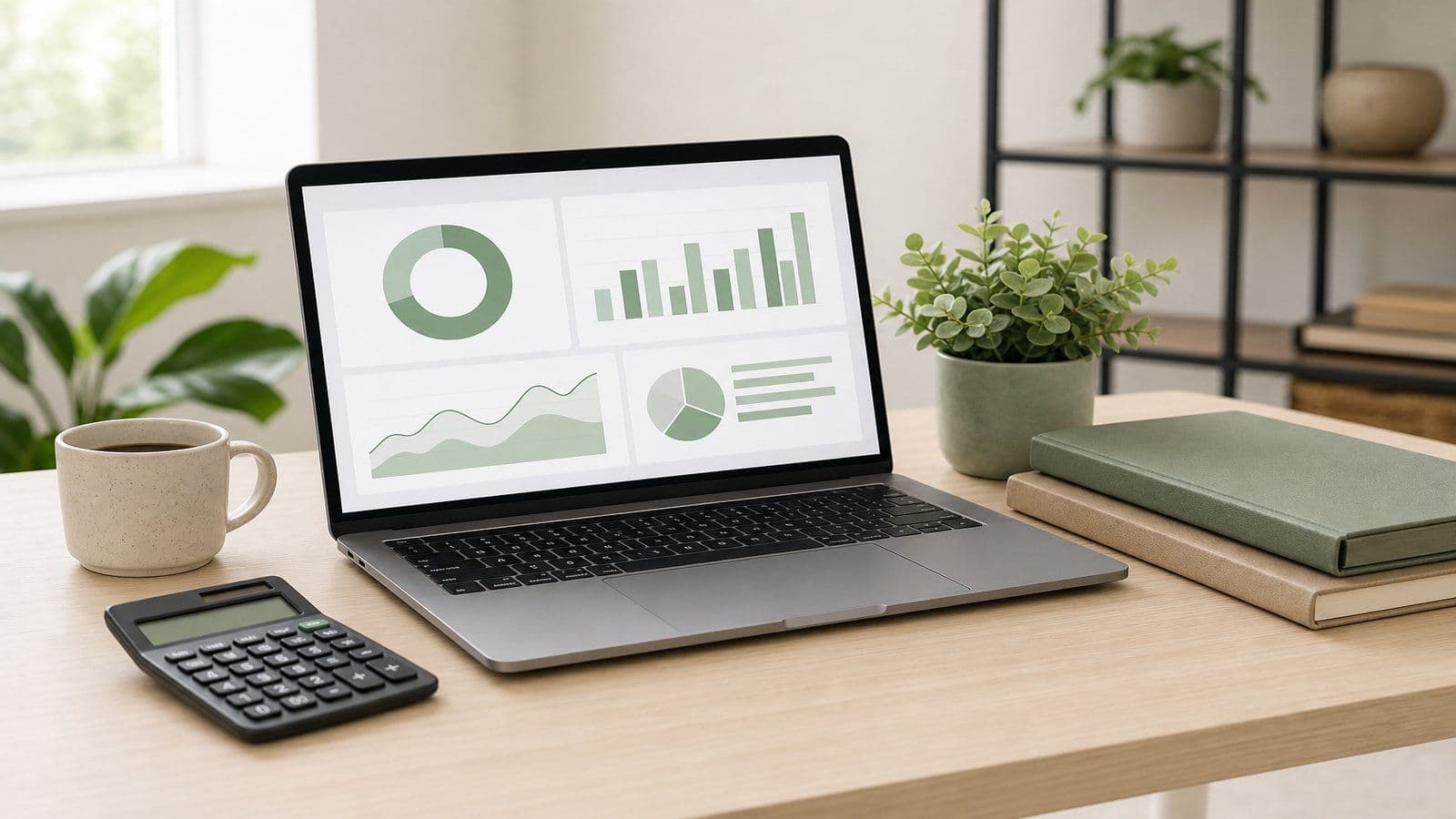 Organized office desk with a laptop dashboard, calculator, neatly stacked closed folders, and a plant