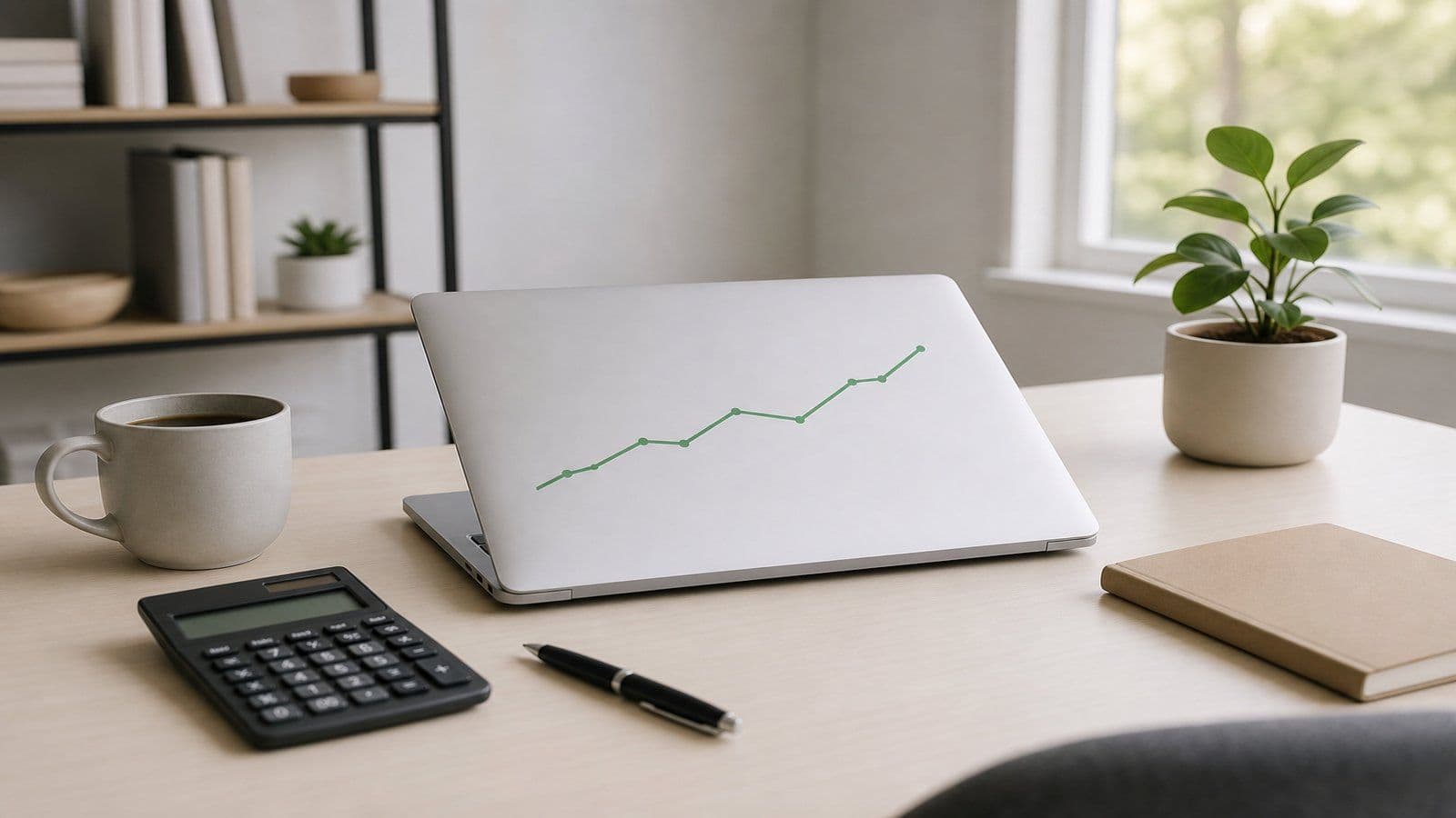 A minimal desk with a closed laptop showing a simple upward green line chart, a calculator, pen, coffee cup, and a plant