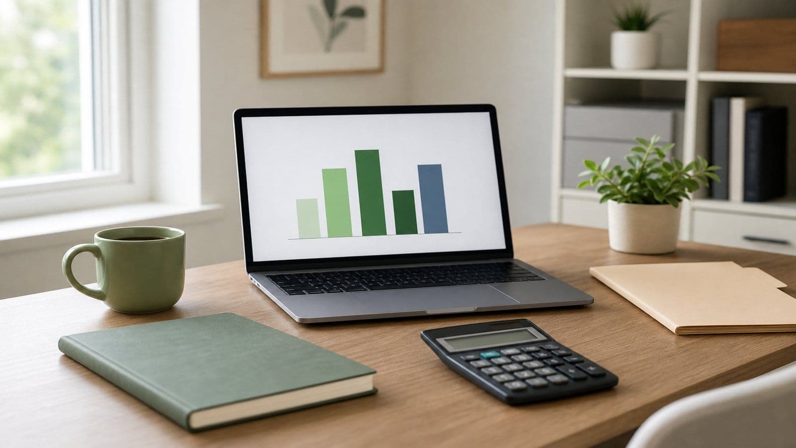 A tidy home-office desk with a laptop showing a simple unlabelled bar chart, a calculator, a closed folder, and a coffee cup