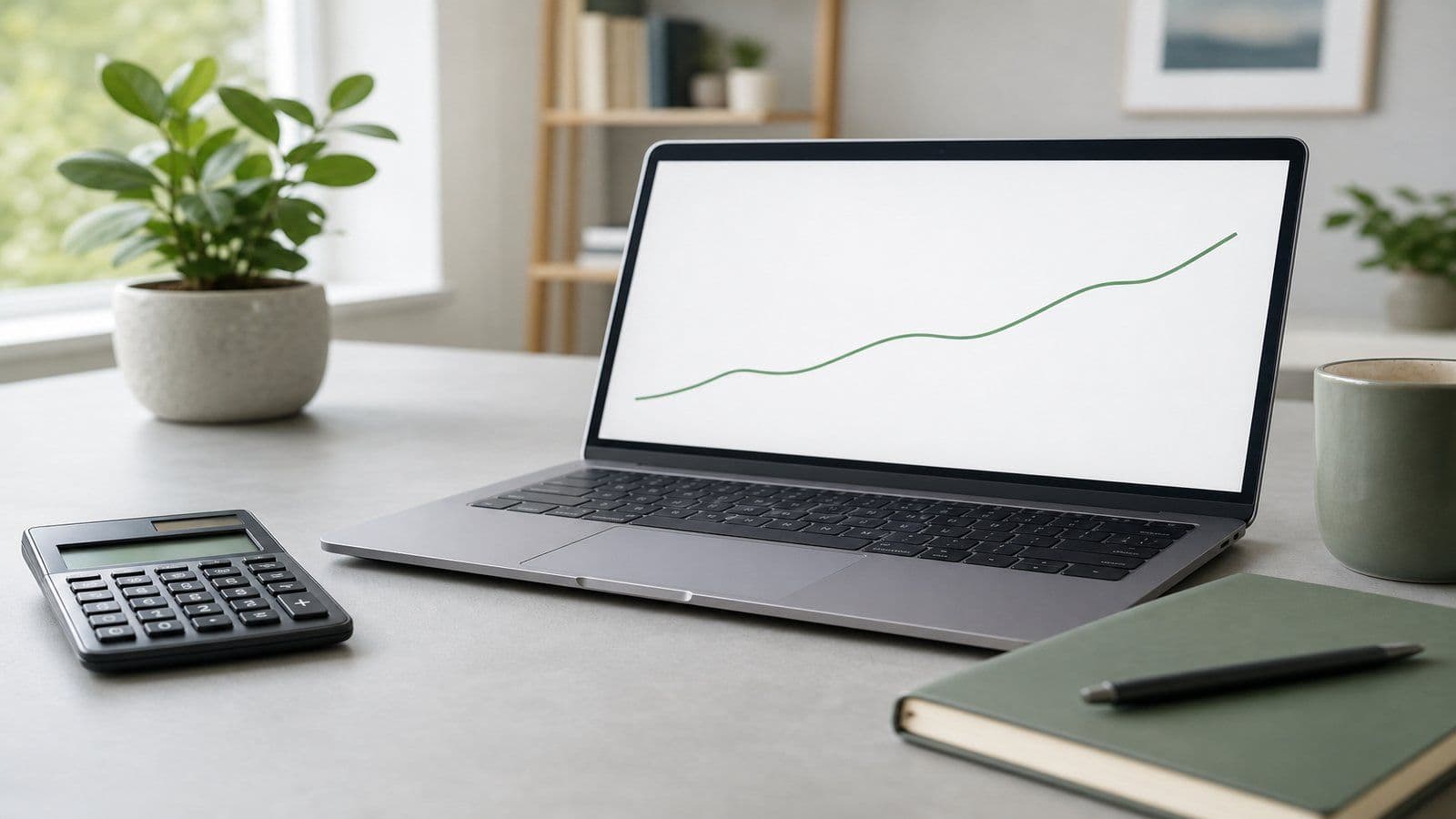 Close-up of a laptop displaying a simple unlabelled line chart next to a calculator and closed notebook