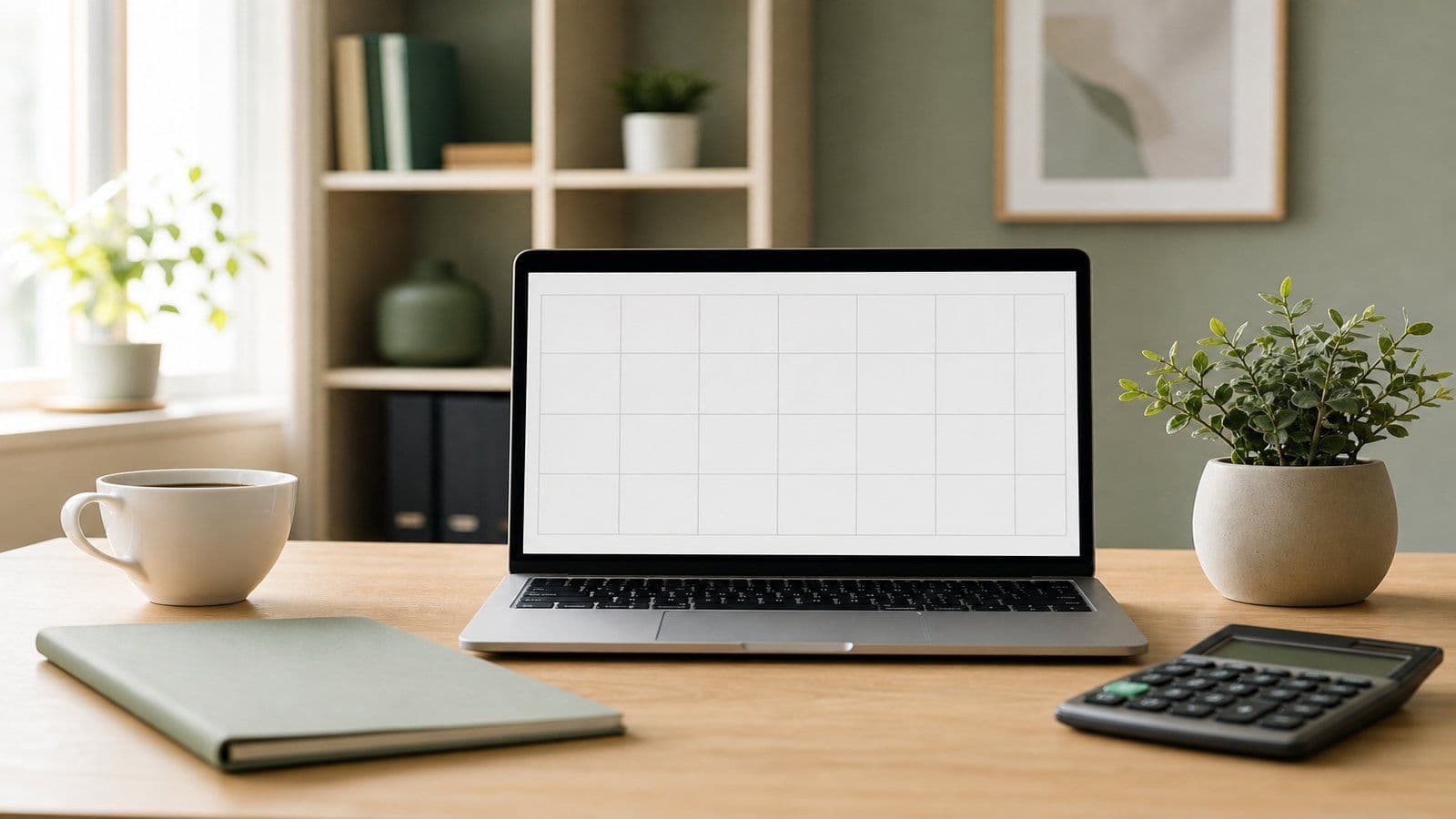 A calm home-office desk with a laptop open to a simple unlabelled grid, a coffee cup, a closed folder, and a small plant