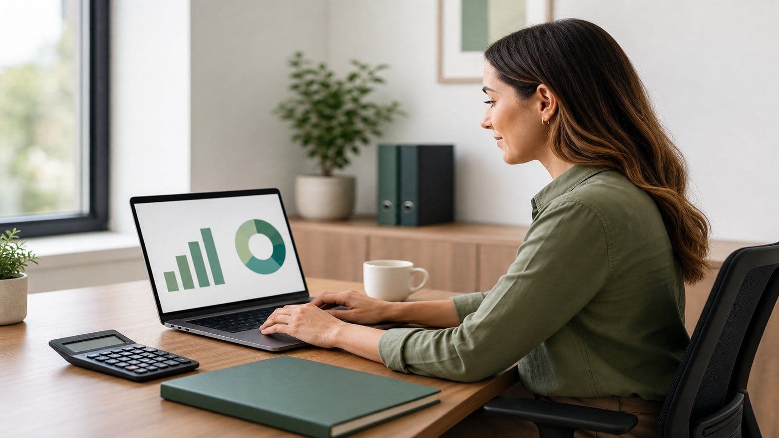 A person at an office desk reviewing a laptop showing a simple unlabelled dashboard with two plain charts