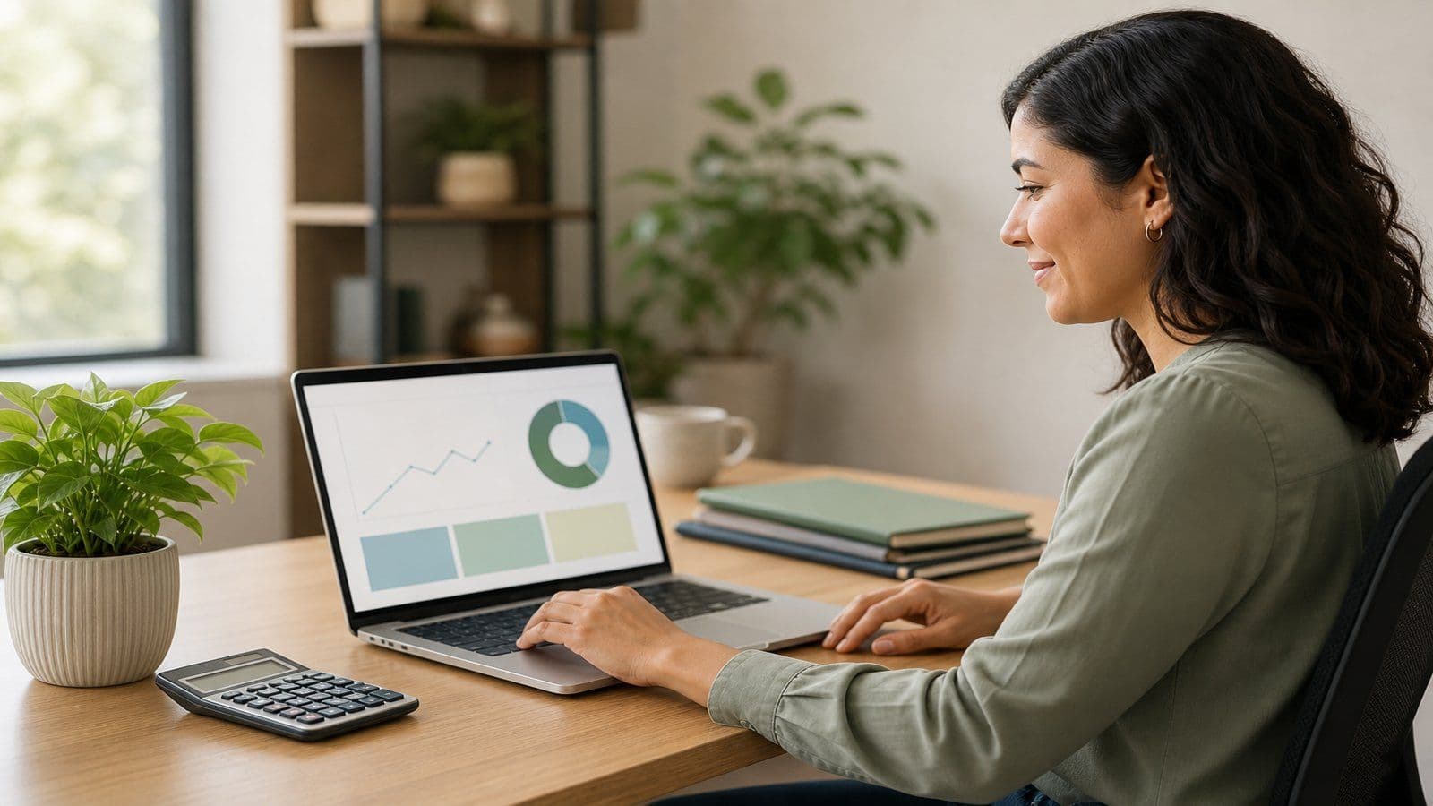 Small-business owner reconciling accounts on a laptop with a calculator and closed folders during a monthly close