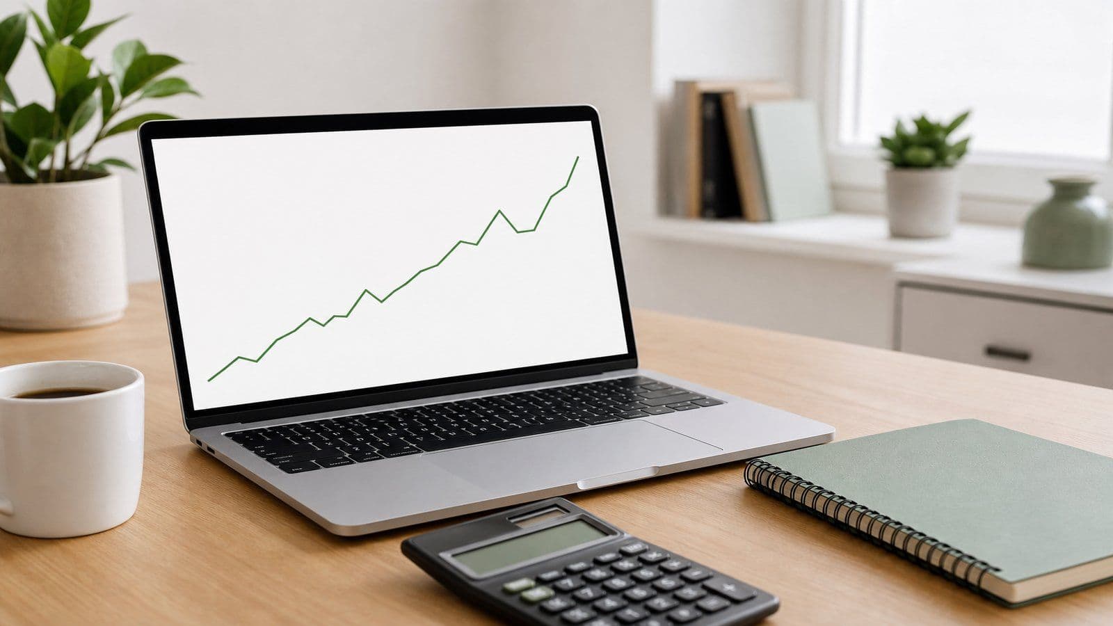 Business owner reviewing a simple upward chart on a laptop while doing monthly bookkeeping
