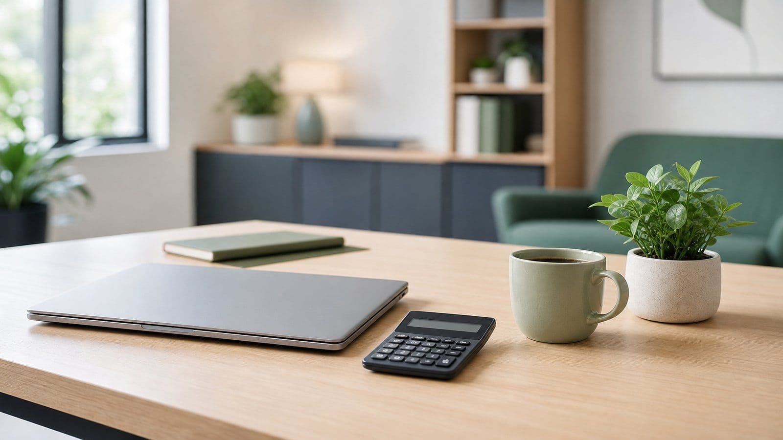 Tidy office desk with a laptop, calculator, and plant representing DIY versus professional monthly bookkeeping