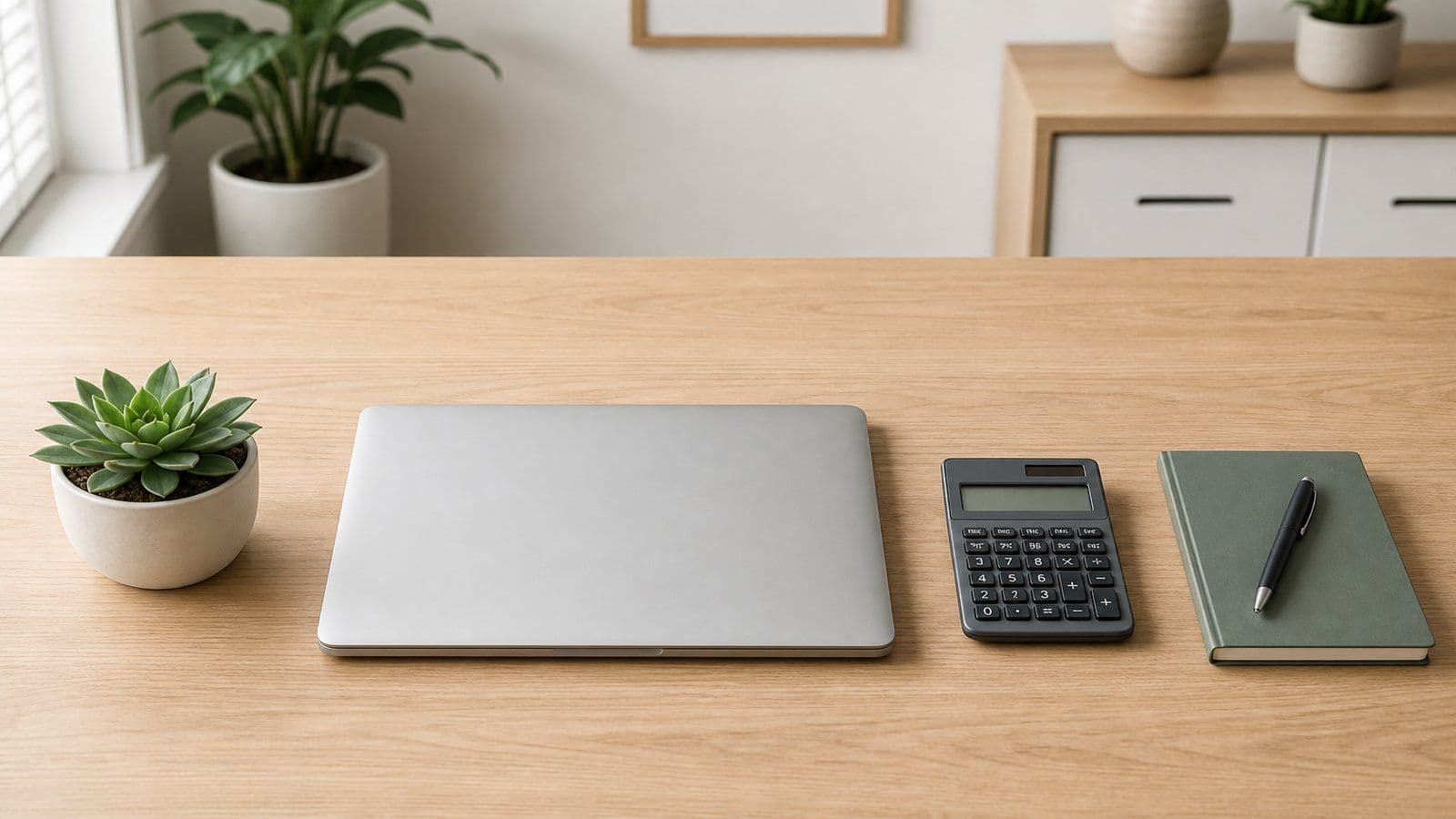 Overhead view of a tidy desk with a closed laptop, potted plant, calculator, and closed notebook