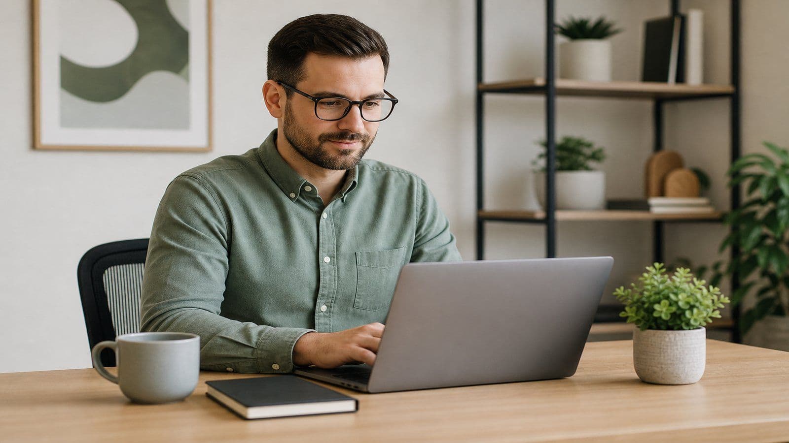Business-casual professional working on a laptop at a clean desk during weekly bookkeeping tasks