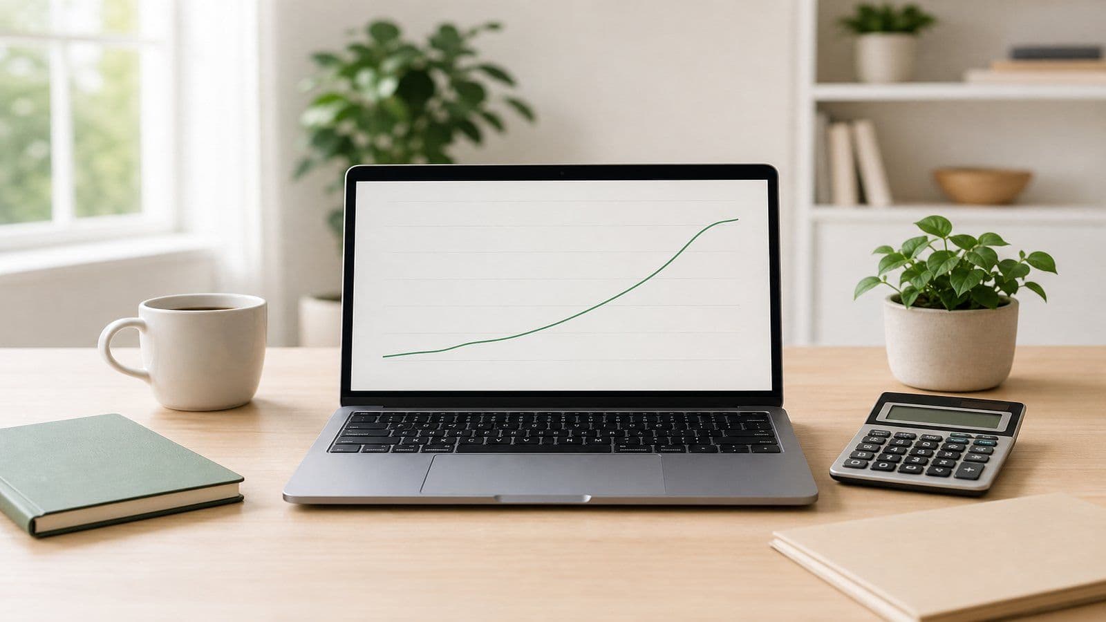 Bright minimal workspace with a laptop showing a simple upward line graph during a monthly bookkeeping close