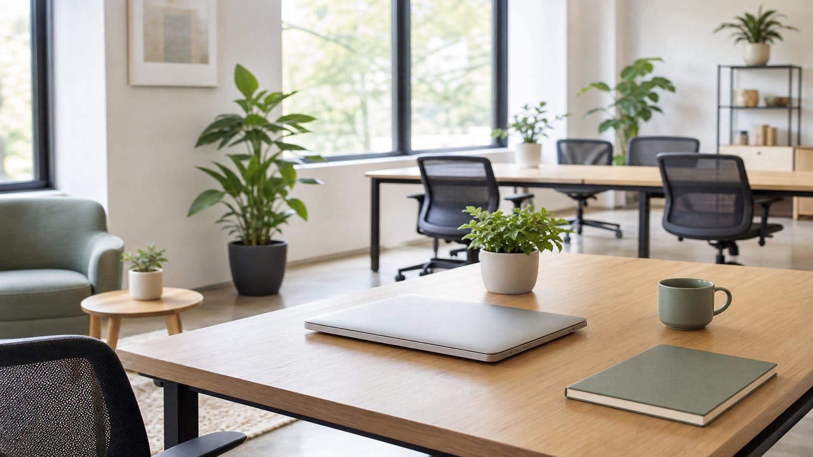 Wide view of a bright modern co-working office with a clean desk, laptop, windows, and green plants