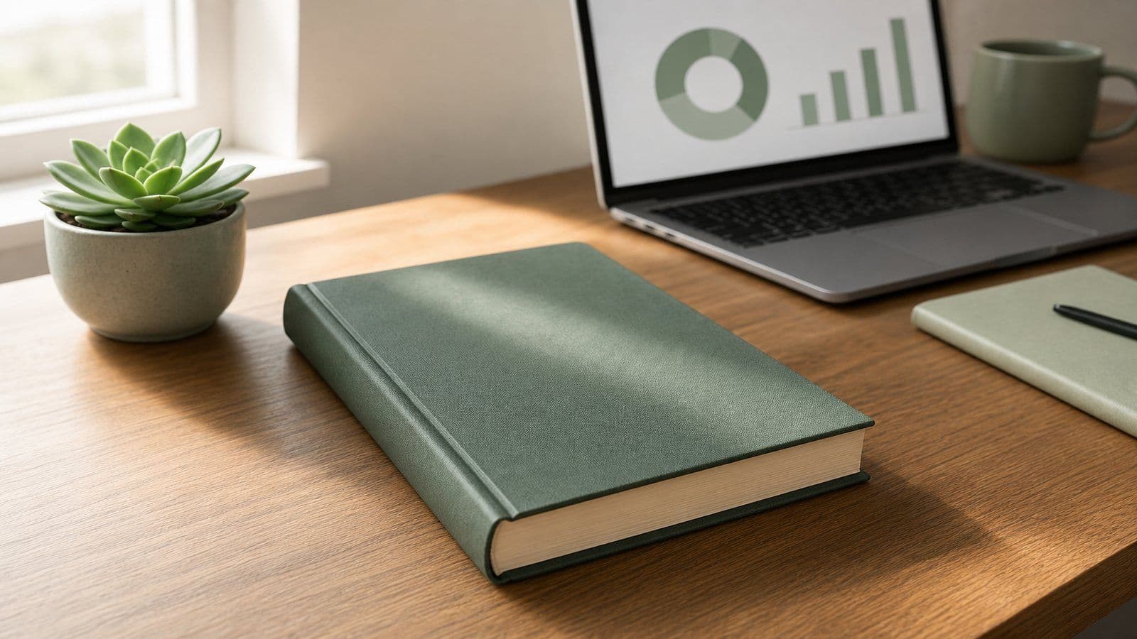 Still life of a closed ledger book next to a small green plant on a wooden desk in soft light