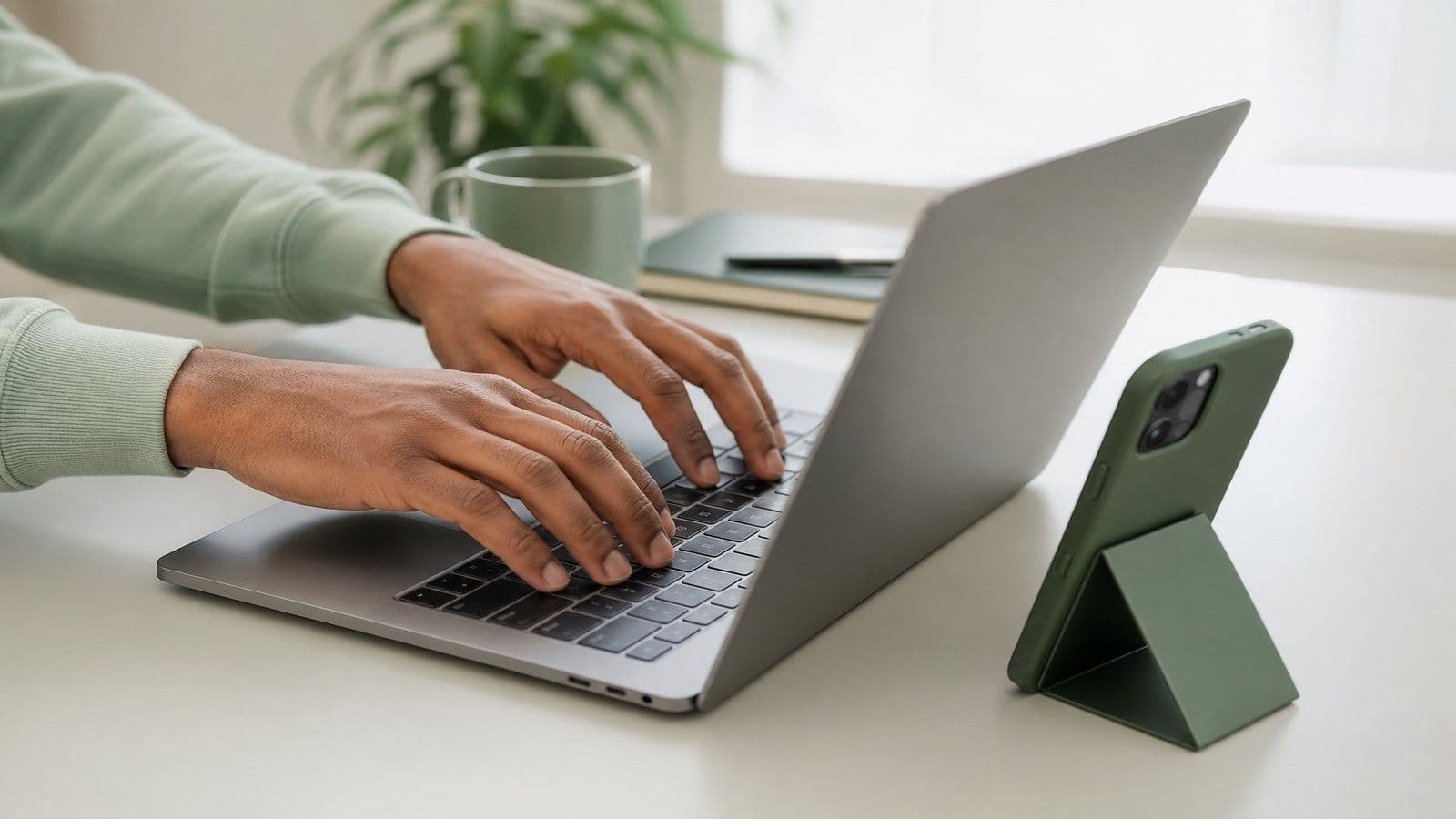Snapping a receipt into cloud software while working at a laptop