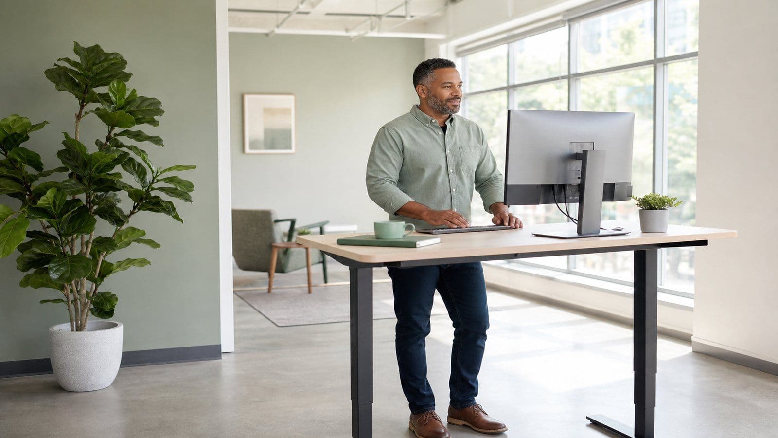 A remote bookkeeper works at a standing desk in a bright modern office