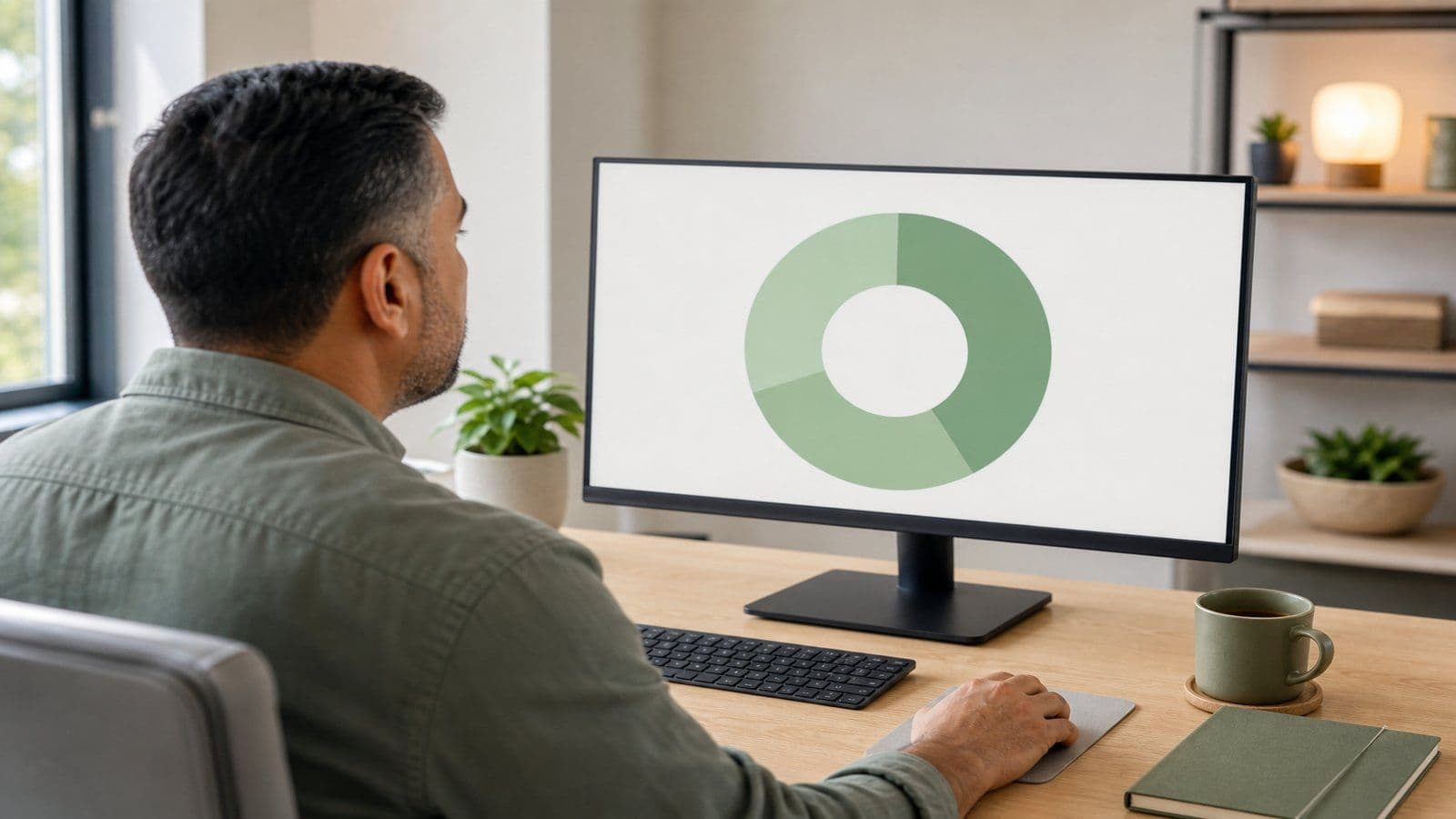 An owner checks a simple financial dashboard at his desk