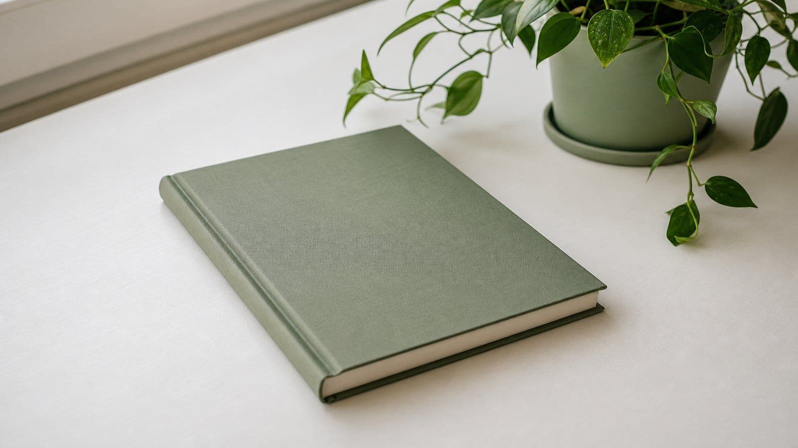A closed ledger beside a small plant, suggesting simple, tidy record keeping