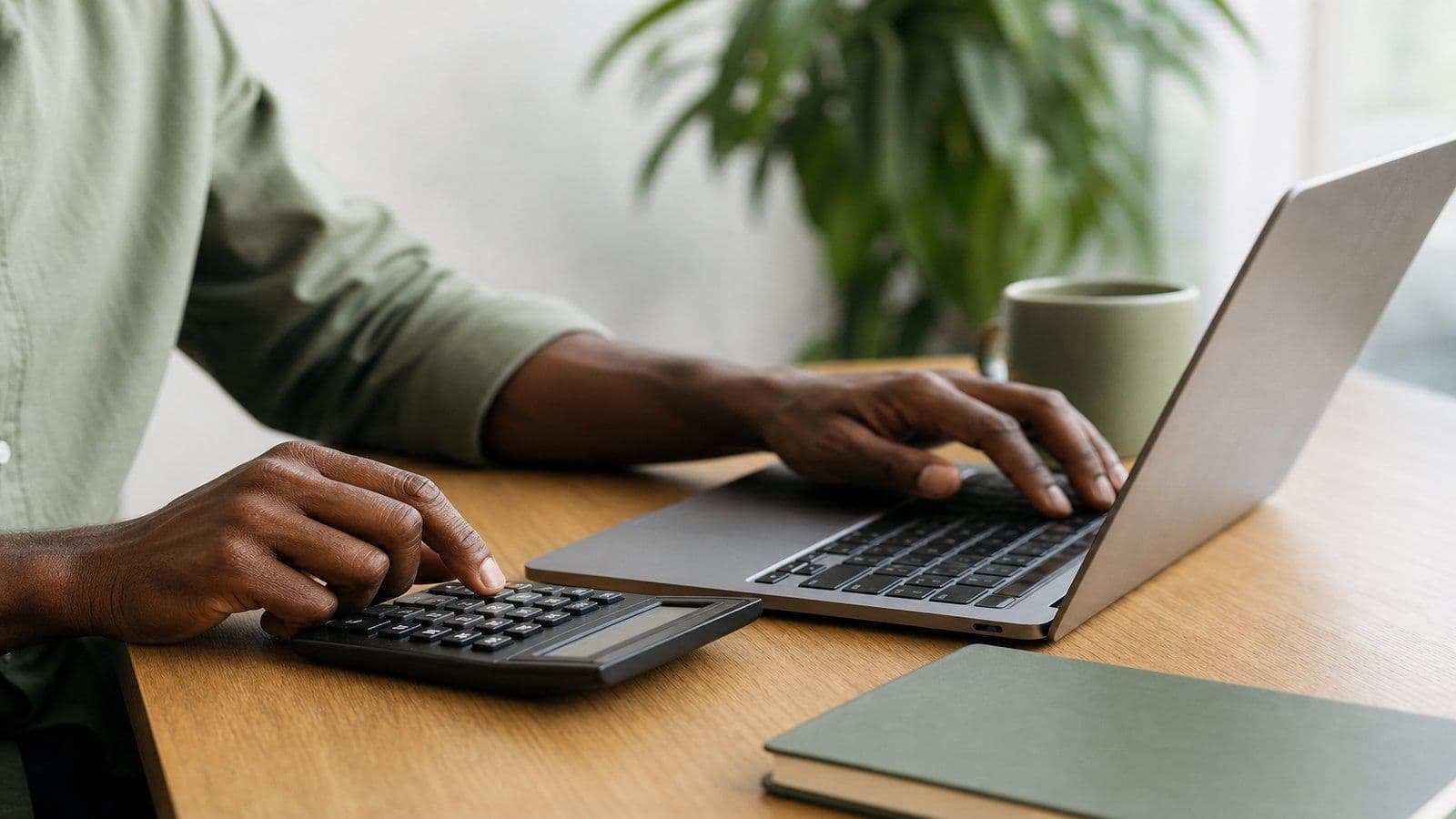 A close-up of hands working through the month's business numbers