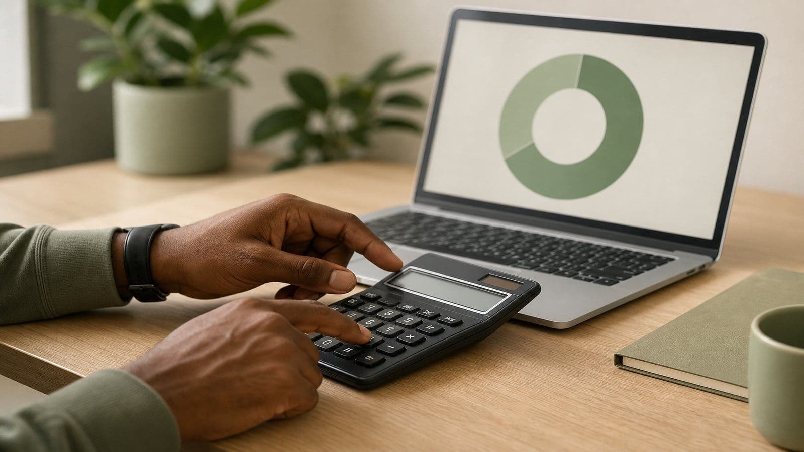 A freelancer checks his monthly numbers on a calculator