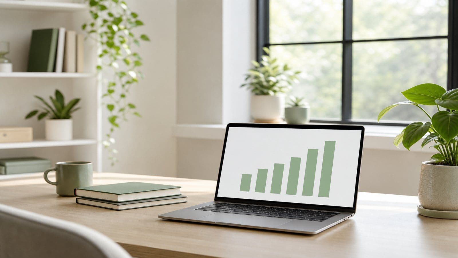 A bright, organized home office ready for a monthly bookkeeping session
