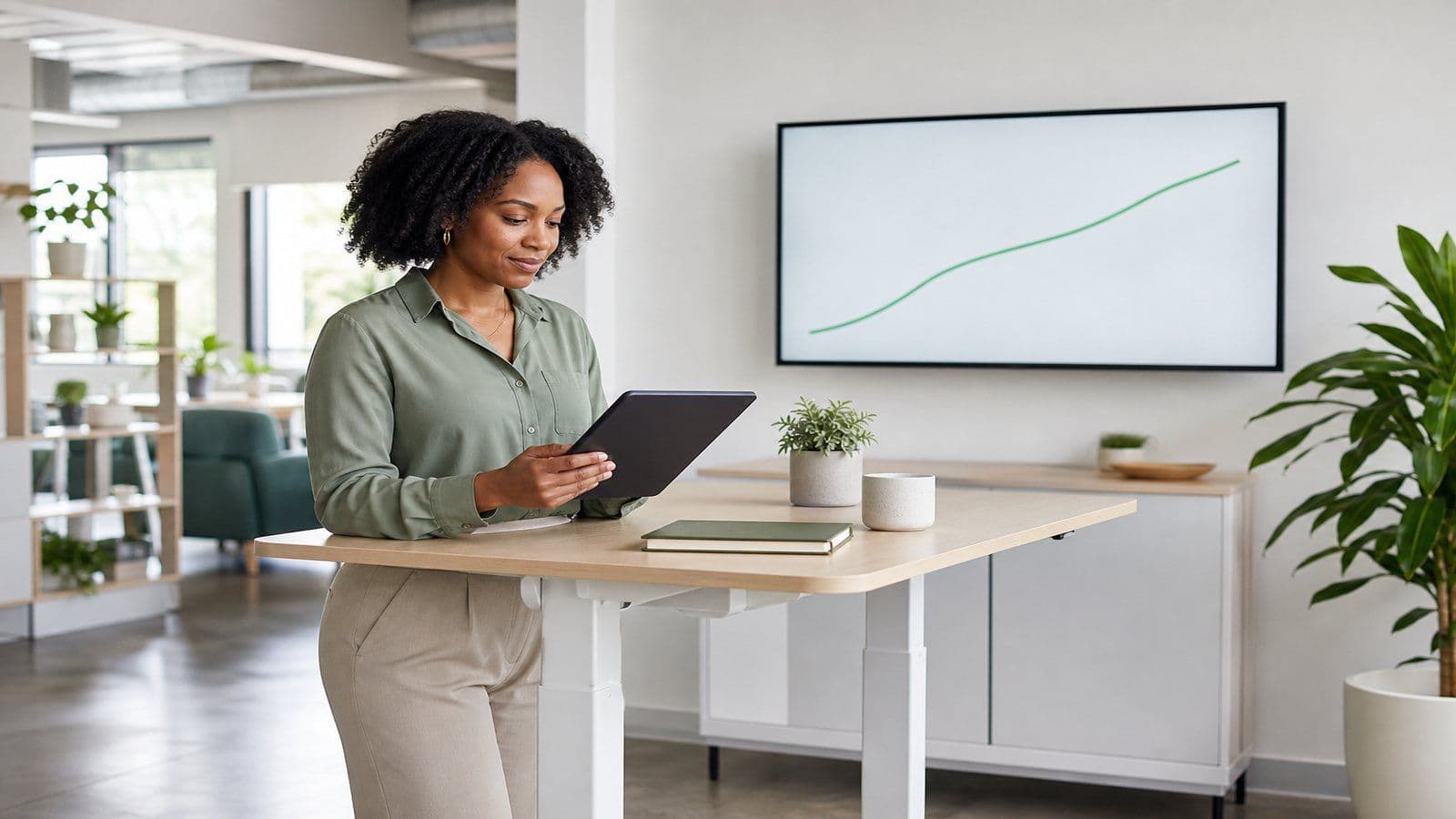 A business owner reviews the quarter's numbers in a bright modern office