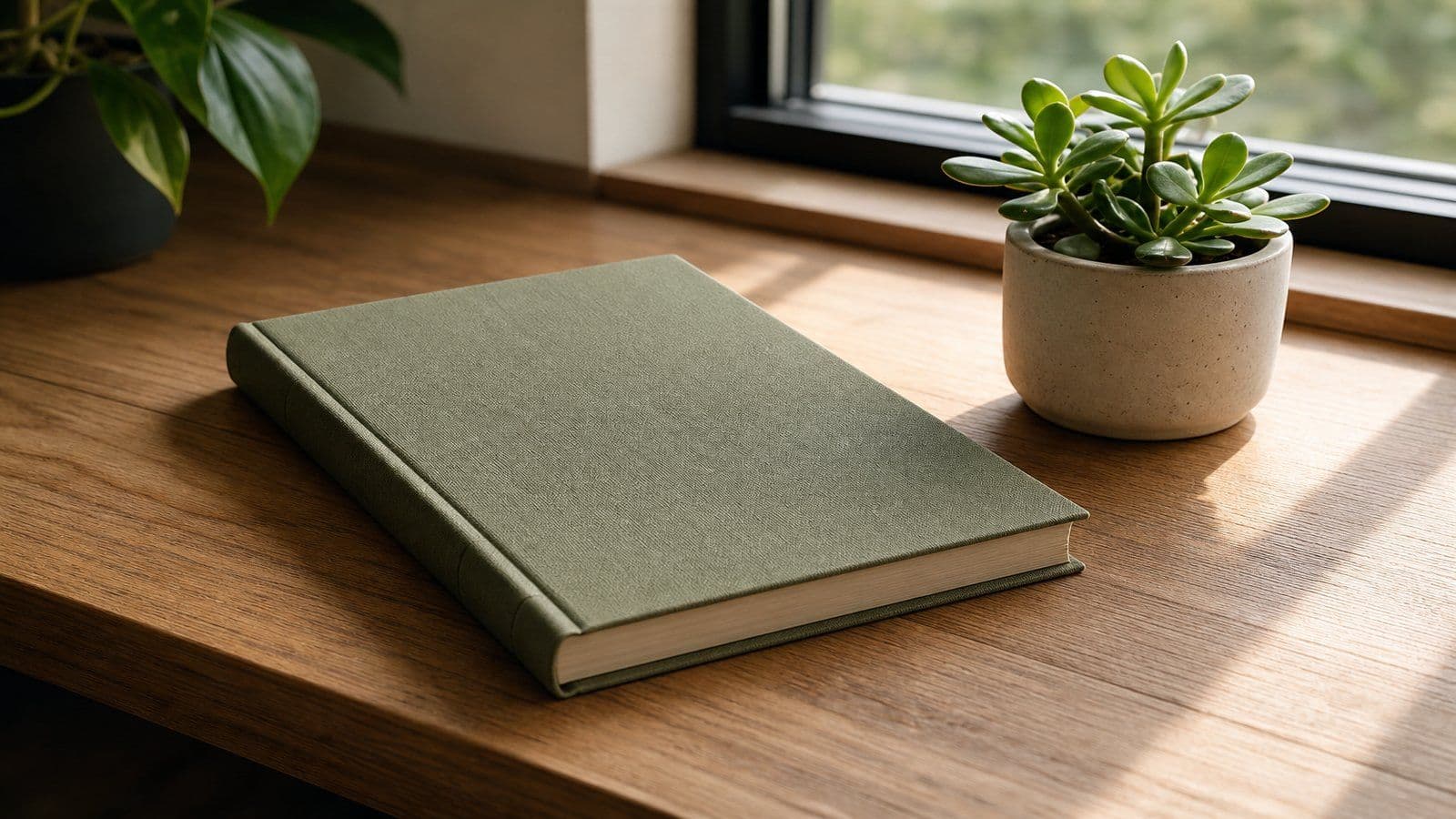 A closed ledger and a small plant on a windowsill after the month's books are wrapped up