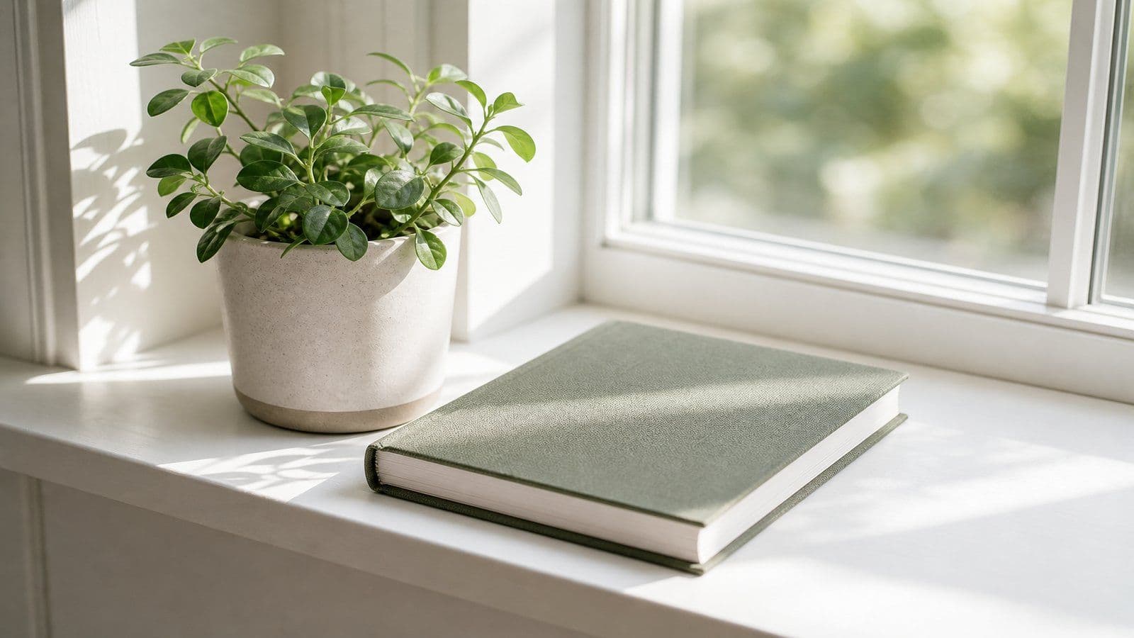 A closed ledger rests by a plant, suggesting records kept safe and in order