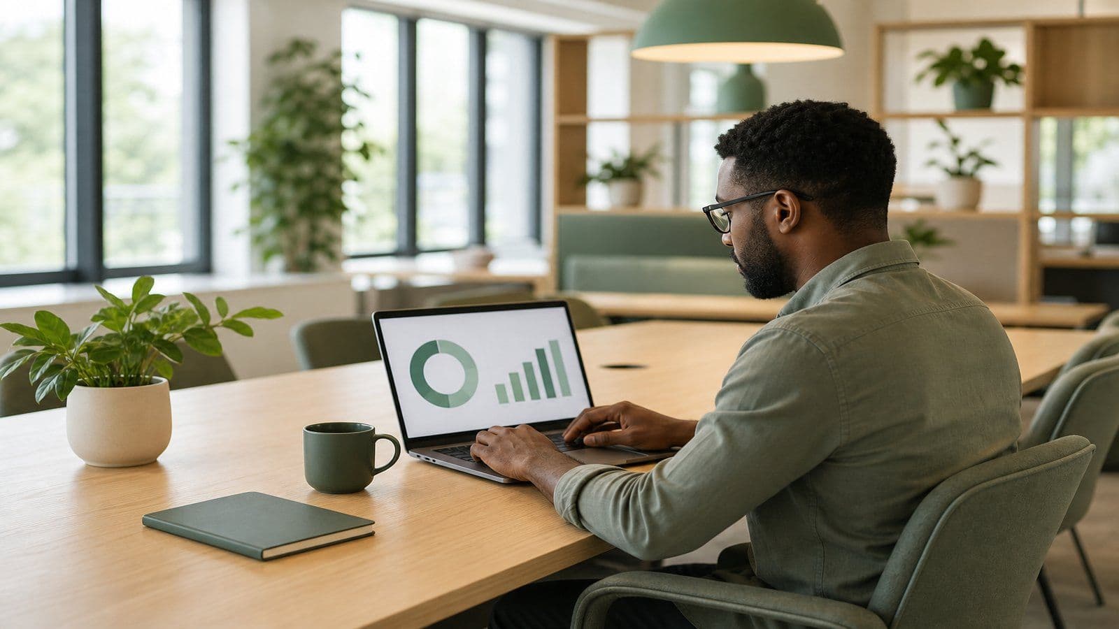 A business owner analyzes his revenue and margins from a bright, open workspace