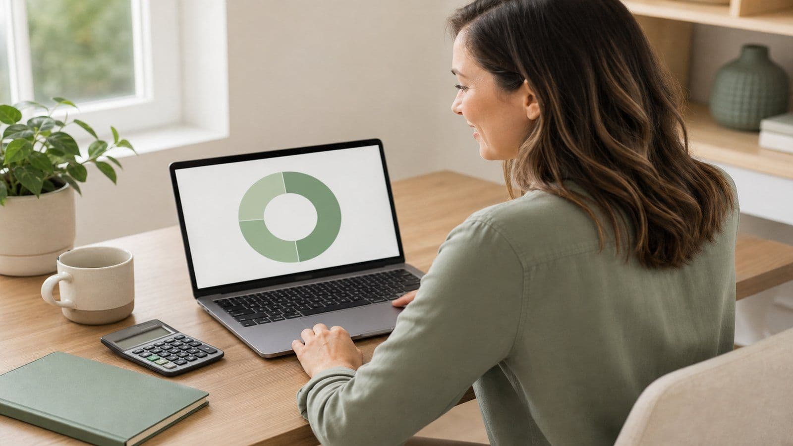 A small-business owner reviews her monthly cash position at a calm home-office desk