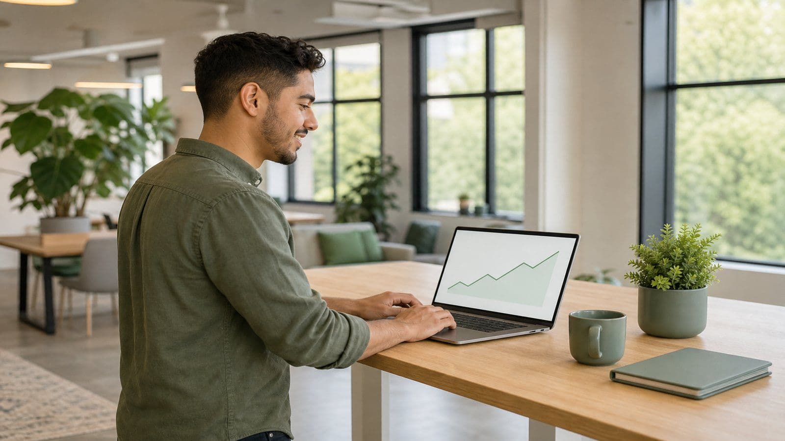 A founder checks his financial dashboard in a bright shared workspace
