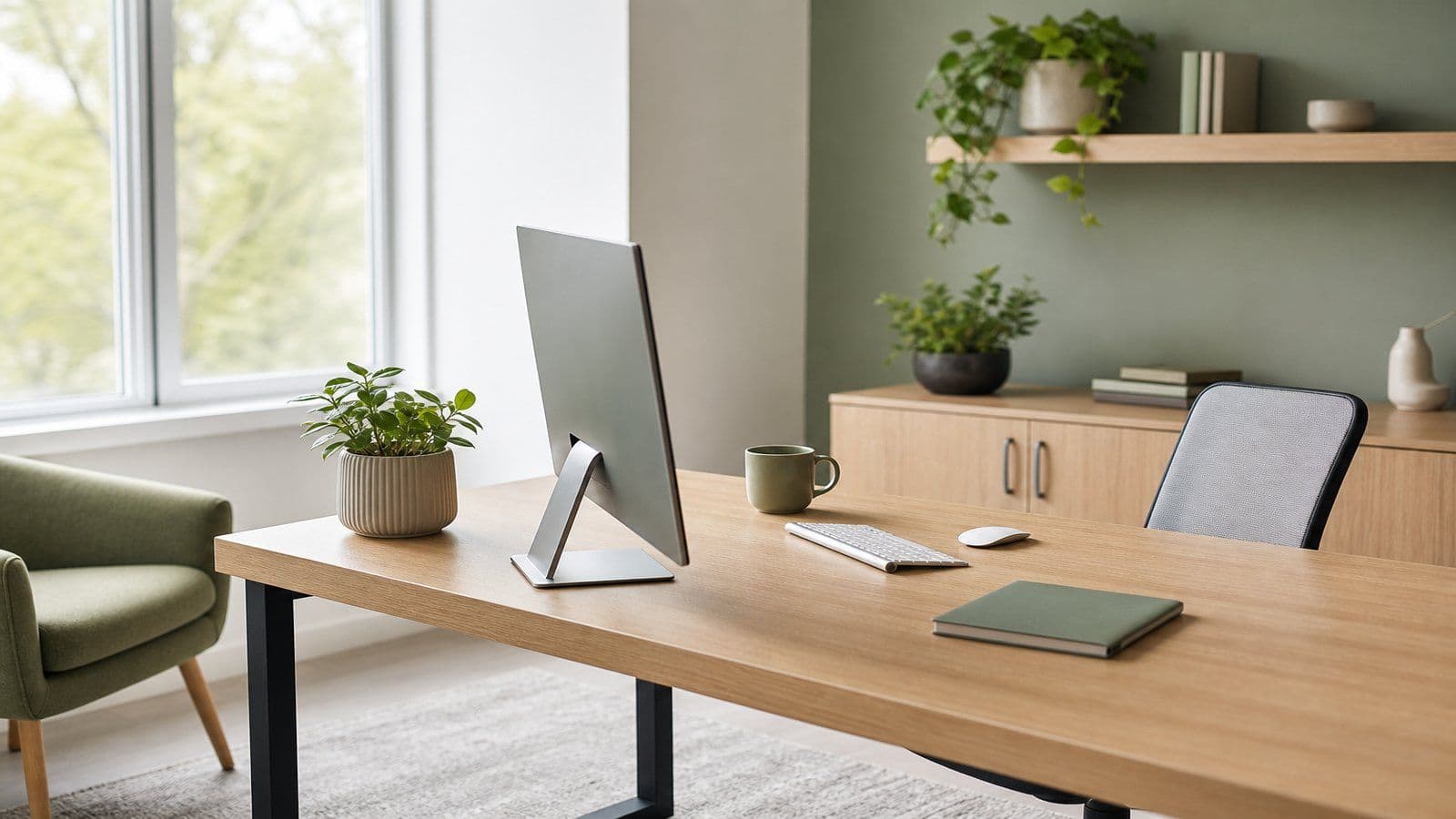A calm, organized workspace where month-end books get reviewed