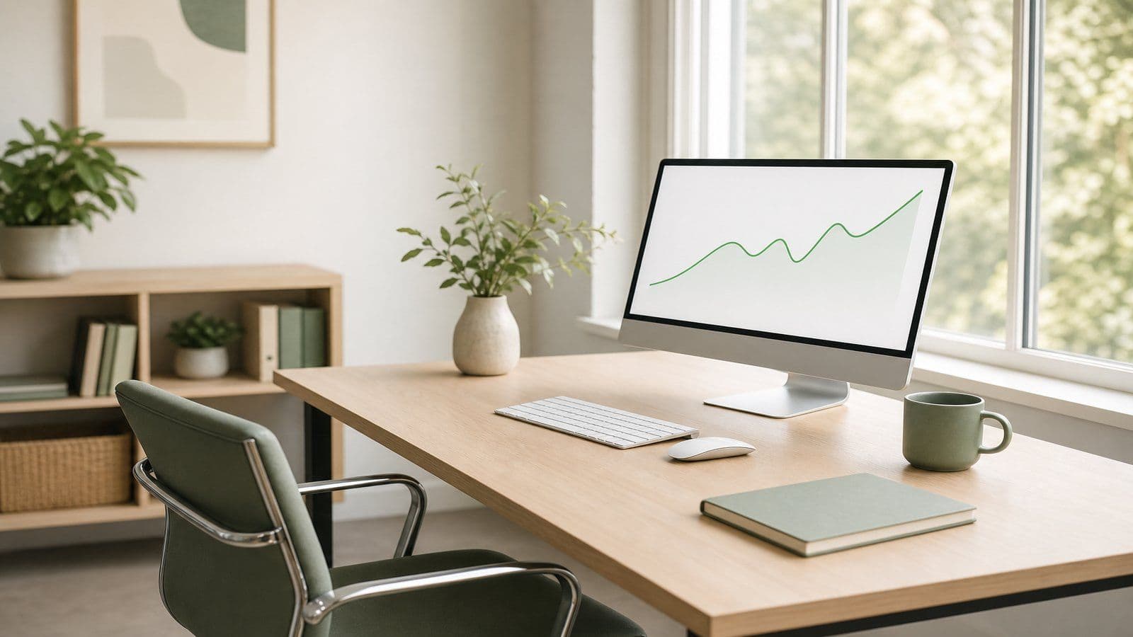 A calm, bright workspace for reviewing the month's records
