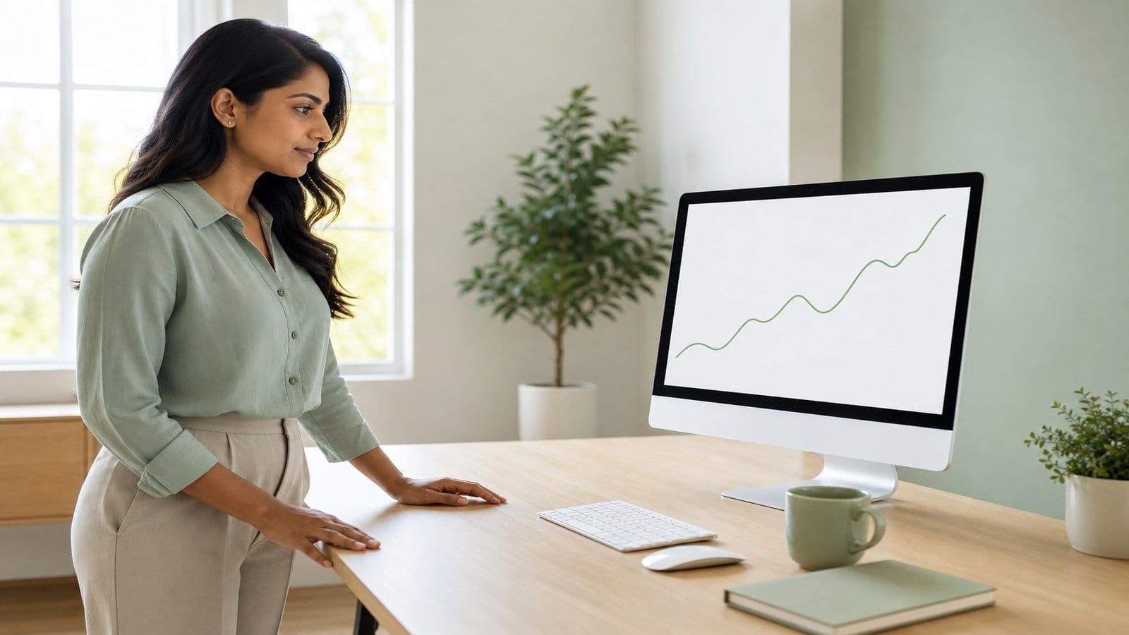 A small-business owner reviews her monthly numbers on a screen in a bright office