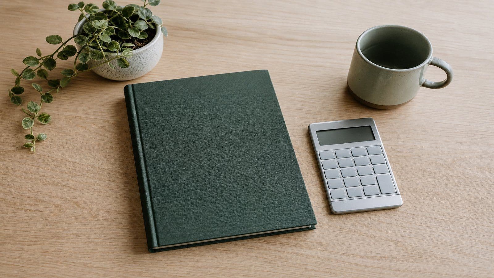 A closed ledger, calculator, and plant on a tidy desk ready for period-end adjustments