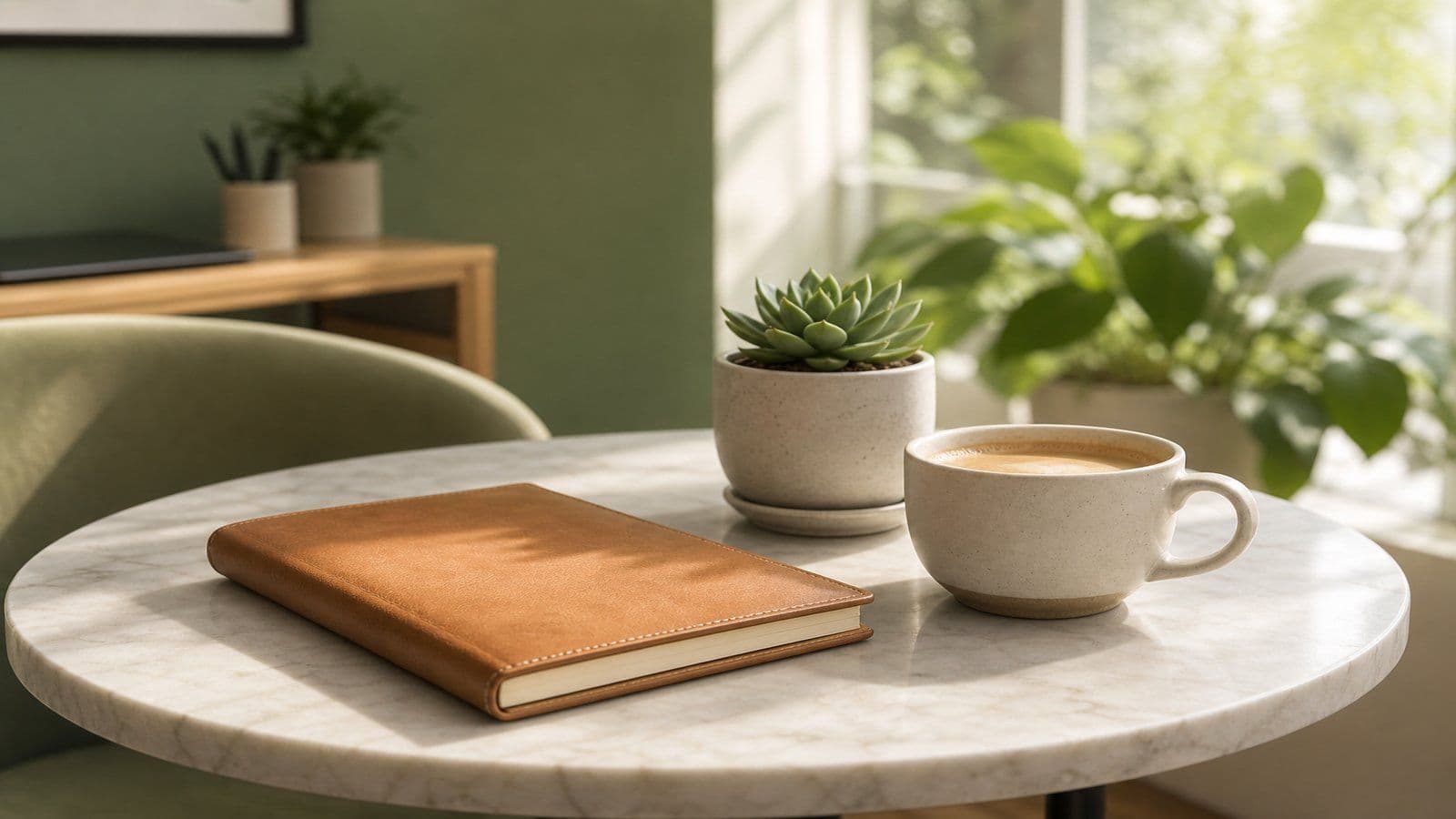 A quiet cafe corner where an owner steps away to think through the books