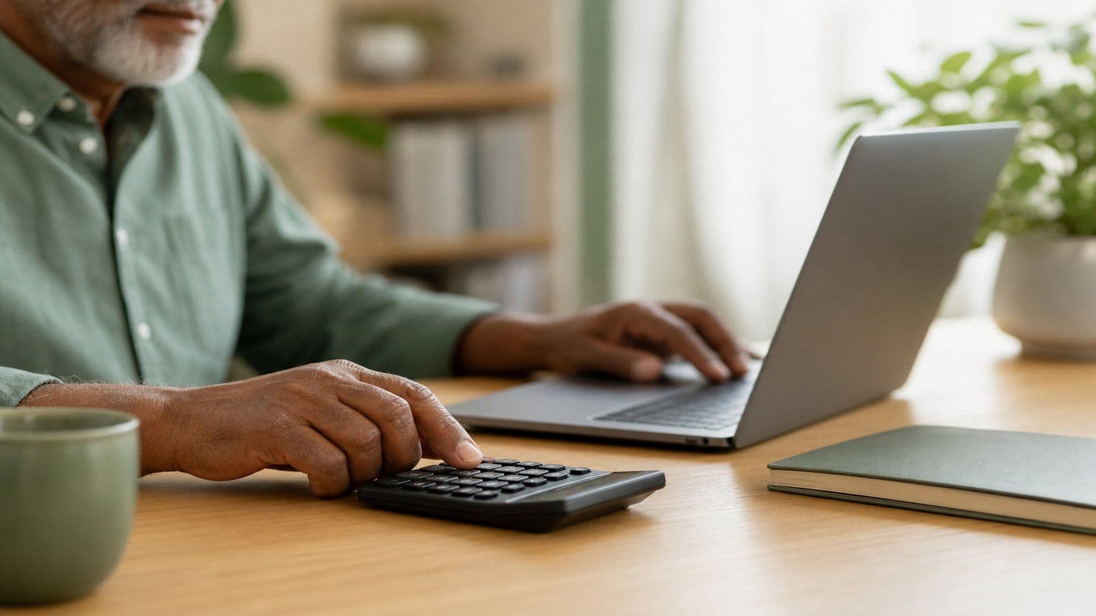 A bookkeeper works carefully through end-of-month figures by hand