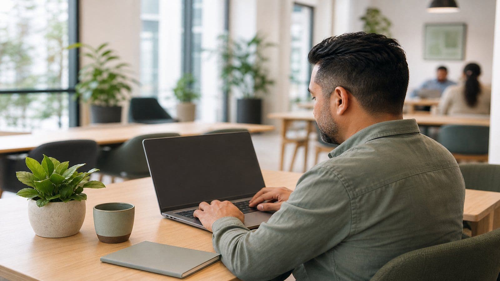 A professional catches up on the monthly close in a shared workspace