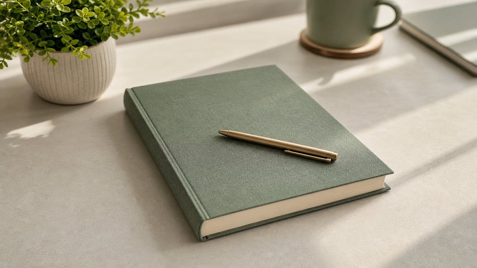 A closed ledger and a small plant on a calm, organized desk