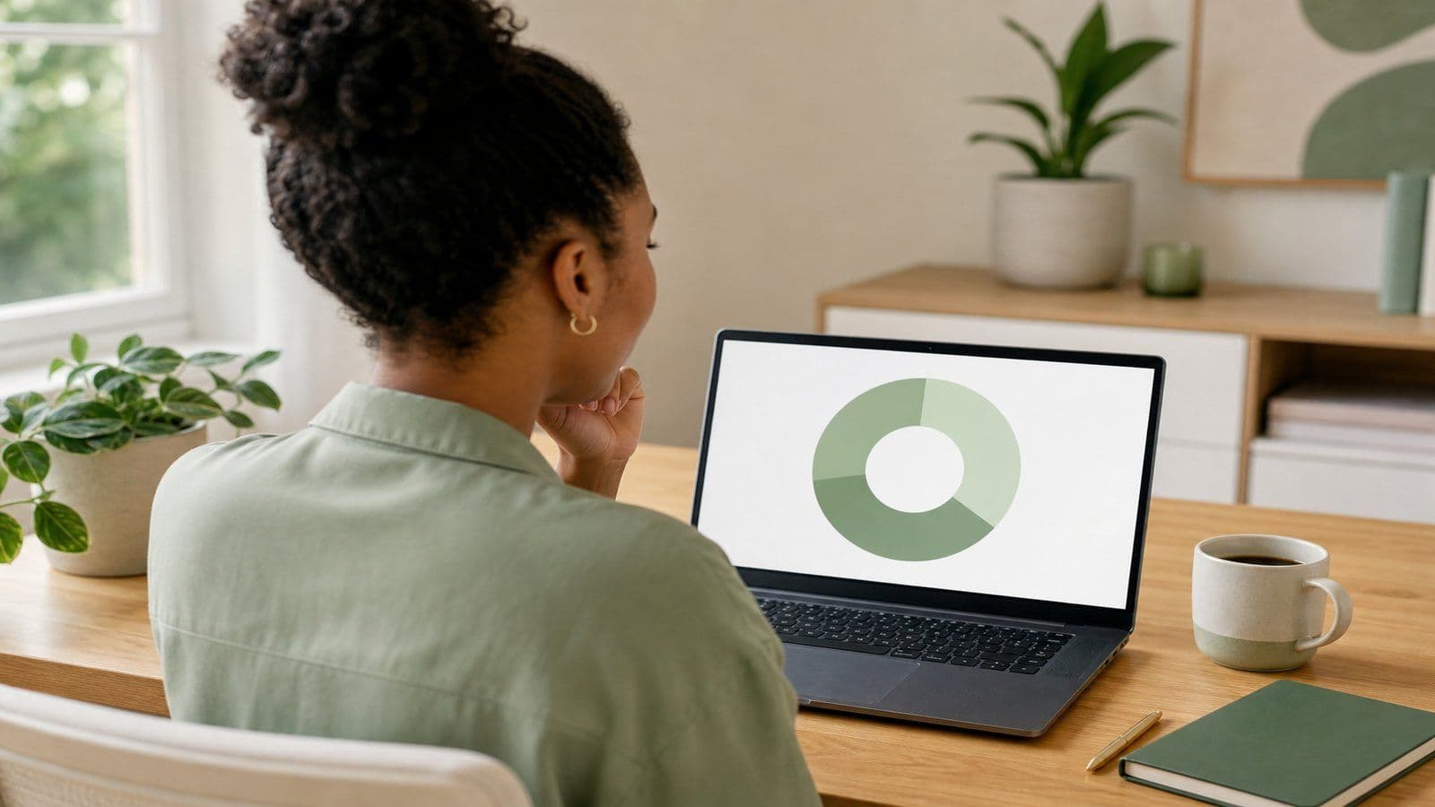 A small-business owner reviews her monthly numbers at her home desk