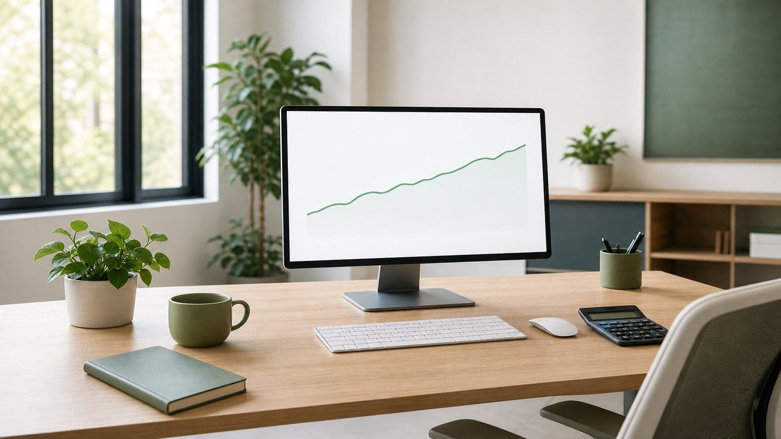 A clean office workstation set up to track financial trends over time