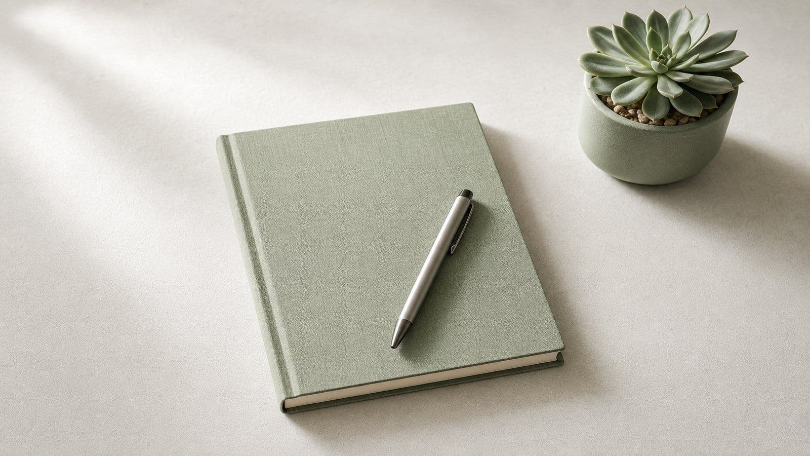 A tidy home-office desk arranged from above, ready for a monthly financial review