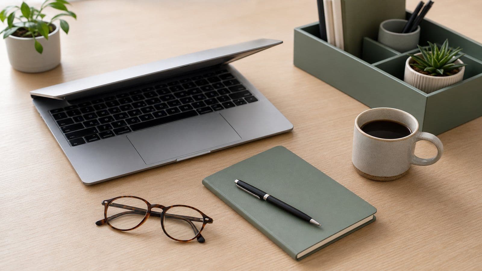A small-business owner's tidy desk set up for reviewing monthly numbers