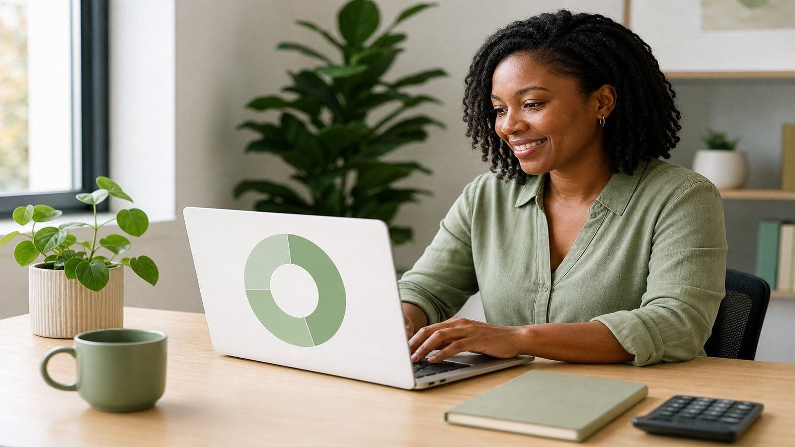 A small-business owner checks her monthly numbers after recording a new loan