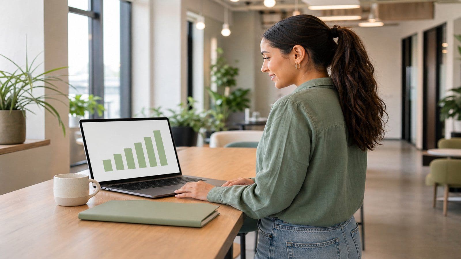 A founder reviews her loan payments on a laptop in a shared workspace