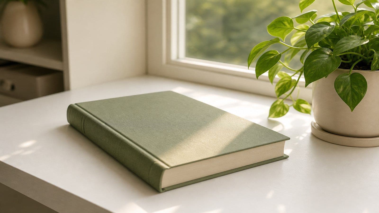 A closed ledger beside a plant, suggesting books kept in good order