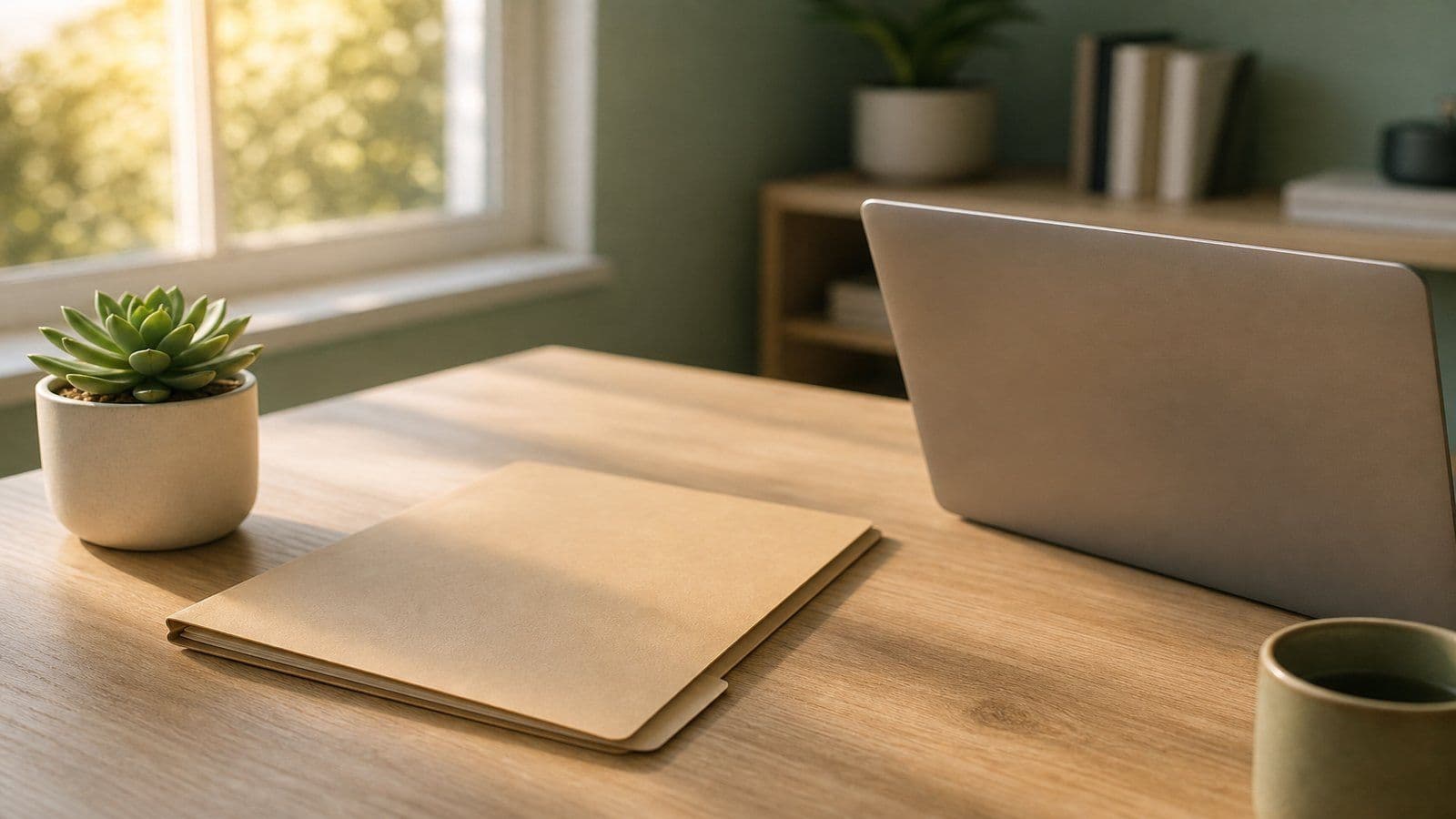 A closed loan folder and laptop on a tidy home-office desk at the end of a workday