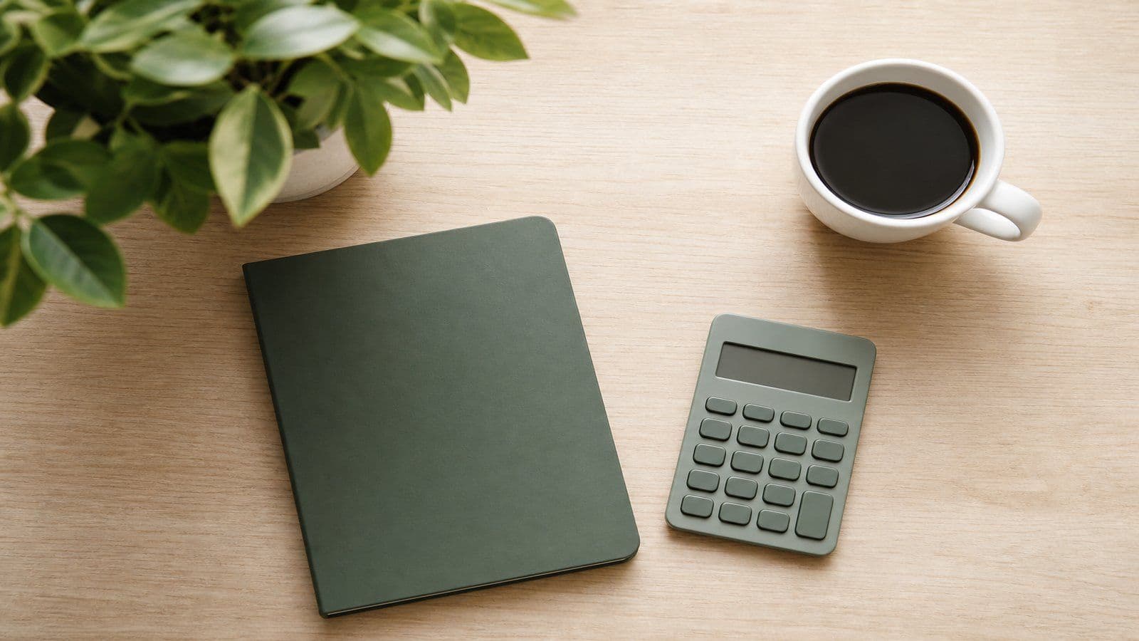 A calculator and notebook laid out on a desk, ready for working through monthly numbers