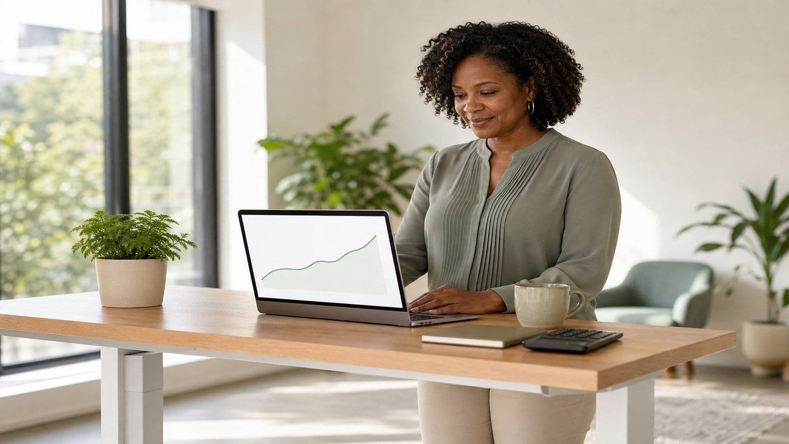 A small-business owner checks her monthly numbers on a laptop in a bright office